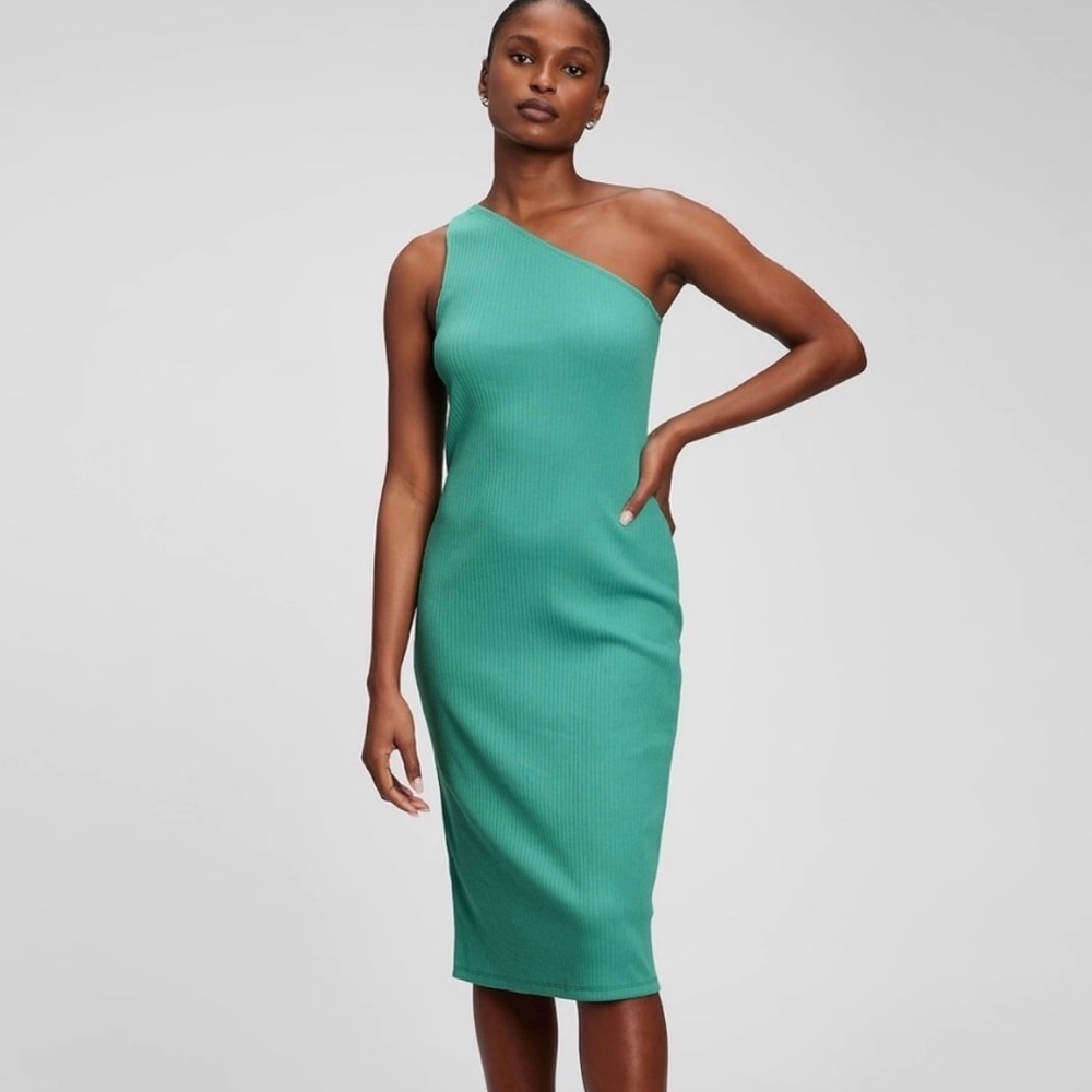 GAP One Shoulder Ribbed Mint Green Slim Fit Midi Dress Size Small